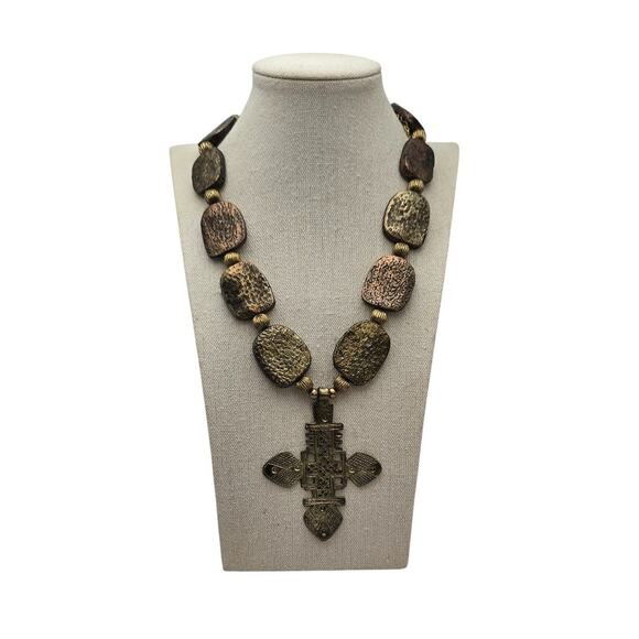 Ethiopian Cross Textured Bronze-Gold Stations Bead Statement Necklace - Picture 3 of 8